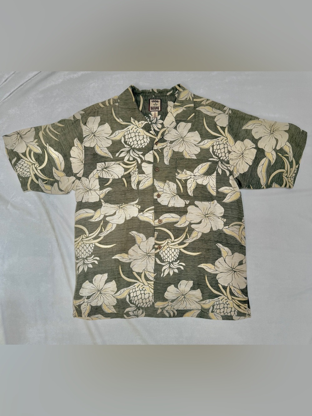Tommy Bahama Green Hawaiian Floral Camp Shirt with Cream Print